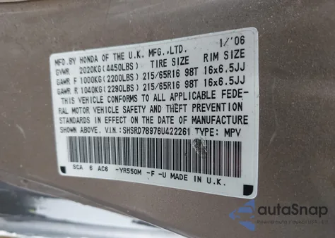 2006 Honda Cr-V Se from USA, damaged, VIN SHSRD78976U422261